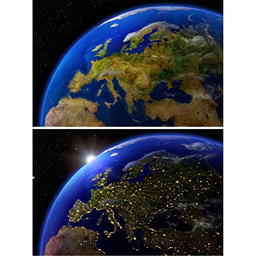 GREAT ART Juego de 2 Carteles XXL - Tierra Desde el Espacio Exterior - Mural Europa de día y de Noche decoración Universo astronautas - Foto Papel de Pared póster (140 x 100 cm)