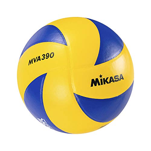 MIKASA Volleyball MVA 390 School Pro - Balón de Voleibol para Interior (Cuero, para jóvenes, 67 cm), Color Amarillo/Azul, Talla 5