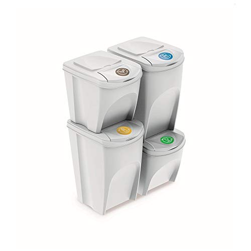 Prosperplast Juego de 4 Cubos de Reciclaje (2x35L y 2x25L) Sortibox de plastico en Color Blanco, 2 Grandes + 2 pequeños
