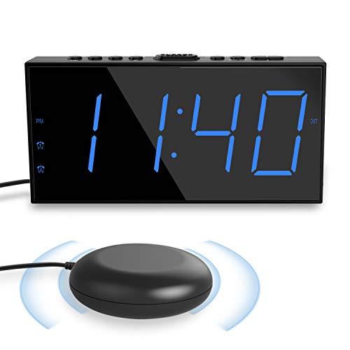 ROCAM Reloj Despertador de Vibración para Sordos,LED Despertador Digital para Duermen Profundamente,Pantalla Grande de 7 '' y Atenuador, Alarma Doble, Cargador USB, Horario de verano de 12/24 h - Azul
