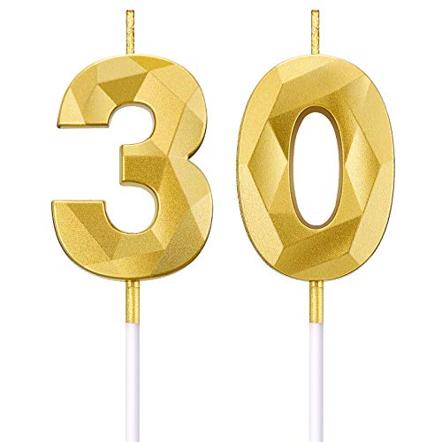 Velas de Número de Cumpleaños 30 Velas de Pastel en Forma de Diamante 3D Topper Decoración de Torta de Número 30 para Celebración Aniversario Bodas Cumpleaños, Oro