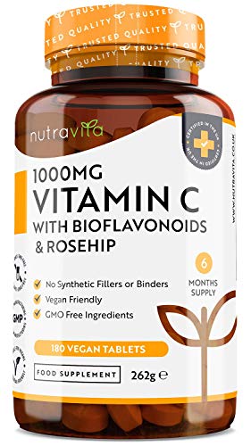Vitamina C de 1000 mg con Bioflavonoides y Rosa Mosqueta - 180 Comprimidos Veganos - Suministro para 6 Meses - Contribuye al Mantenimiento Adecuado del Sistema Inmunitario - Elaborado por Nutravita