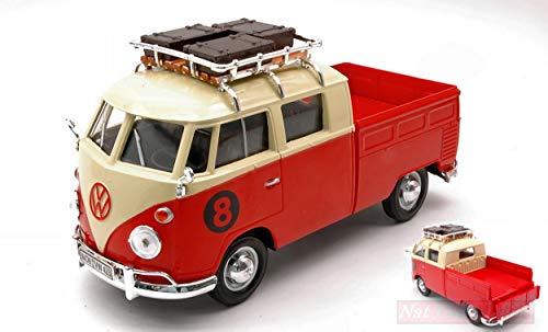 Motormax Model Compatible con VW Type 2 (T1) 1965 Pick UP with Roof Rack Red/Cream 1:24 DIECAST MTM79582