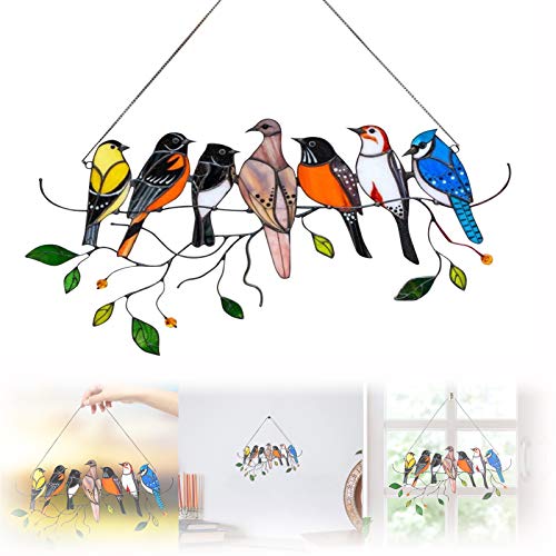 Multicolor Birds on a Wire, High Stained Glass Suncatcher Window Panel, Bird Series Ornaments Pendant Home Decoration, Stained Glass Birds On A Wire Window Panel (A seven birds)
