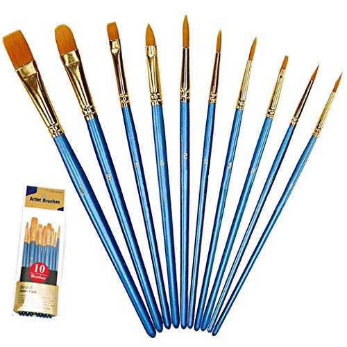 Xubox Juego de pinceles de pintura, 10 piezas de punta redonda de nailon para artista de pelo acrílico, pinceles de pintura al óleo, acuarela, cara, uñas, pintura en miniatura y roca, azul