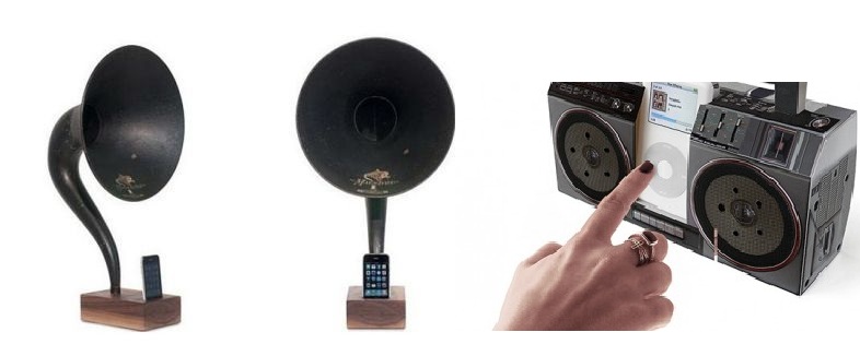 altavoces vintage con forma de gramófono y radio