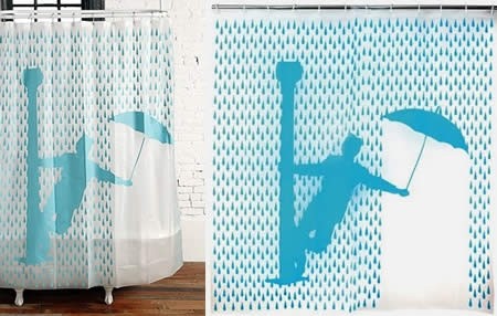 cortina de baño con dibujado un hombre con paraguas
