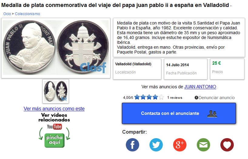 Medalla relativa al viaje del Papa Juan Pablo II a España