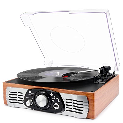 1 BY ONE Tocadiscos estéreo de 3 velocidades con Altavoces incorporados, graba de Vinilo a MP3, Reproduce MP3, Salida RCA, Madera Natural 1 BY ONE Tocadiscos estéreo de 3 velocidades con Altavoces incorporados, graba de Vinilo a MP3, Reproduce MP3, Salida RCA, Madera Natural