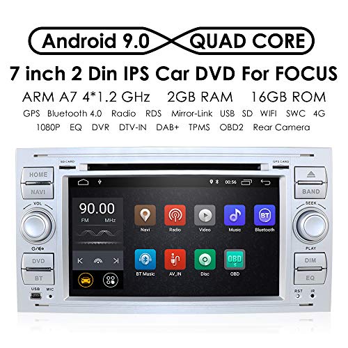 7 pulgadas Android 9.0 Quad Core Car en Dash Radio Estéreo de doble Din para Ford Focus Mondeo S-MAX C-MAX Galaxy Soporte Navegación GPS Mirrorlink 4G WiFi OBD2 Dab + SWC DVD Radio