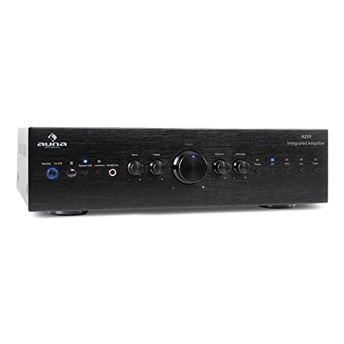 auna CD708 - Home Cinema Estéreo Amplificador de Audio, 125 W RMS, 5 Entradas RCA, 1 Salida RCA, Mando a Distancia, Salida Frontal de Auriculares, Aluminio, Negro