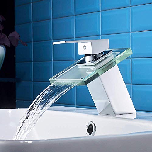 Auralum Grifo para Lavabo Cromo con Cristal Cascada, Mezclador de Baño Monomando de Una Sola Palanca de Cascada Fregadero, Grifo de Cobre para Baño Cuarto de Baño para Lavabo