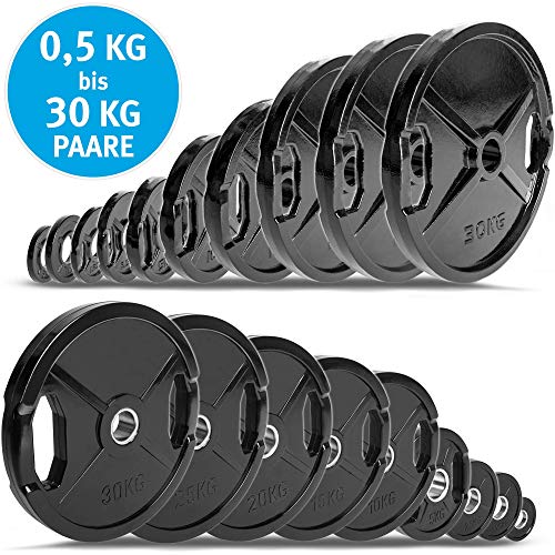 C.P.Sports olímpico Discos de peso 50 mm como pares - hierro fundido o engomado, 0,5 kg - 30 kg con mango agujero para levantamiento de pesas, 1 par de discos de fundición de goma, tamaño 1,25 kg C.P.Sports olímpico Discos de peso 50 mm como pares - hierro fundido o engomado, 0,5 kg - 30 kg con mango agujero para levantamiento de pesas, 1 par de discos de fundición de goma, tamaño 1,25 kg