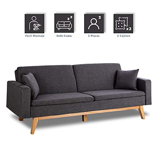 Don Descanso, Sofá Cama 3 plazas Reine, Tapizado en Tela, Color Gris Marengo, Sistema Apertura de Libro o Clic-clac, Medida sofá: 206x74x83 cm, Medida Cama: 206x99x83 cm, Incluye 2 Cojines Don Descanso, Sofá Cama 3 plazas Reine, Tapizado en Tela, Color Gris Marengo, Sistema Apertura de Libro o Clic-clac, Medida sofá: 206x74x83 cm, Medida Cama: 206x99x83 cm, Incluye 2 Cojines
