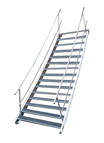 Escalera de acero industrial, escalera exterior, 15 peldaños, ancho de 80 cm, altura de planta variable 250 – 320 cm, galvanizada con barandilla a ambos lados