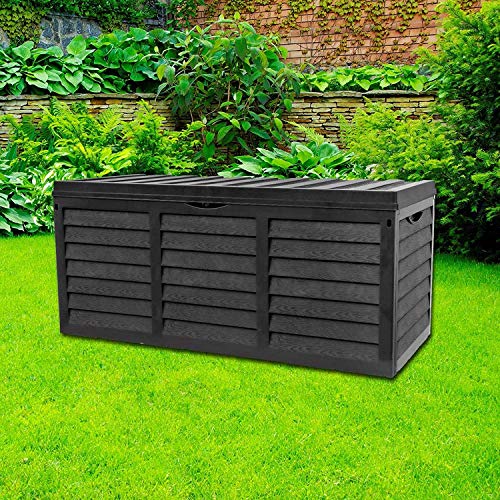 Gr8 Garden Plástico Negro Caja Almacenamiento Tapa Patio Caseta Utilidad Cojín Pecho Madera Valla Panel Efecto Grande Camión Interior Mueble Exterior