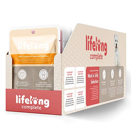 Marca Amazon - Lifelong Alimento completo para perros adultos - Selección de carne en gelatina, 2,4 kg (24 bolsitas x 100g) Marca Amazon - Lifelong Alimento completo para perros adultos - Selección de carne en gelatina, 2,4 kg (24 bolsitas x 100g)