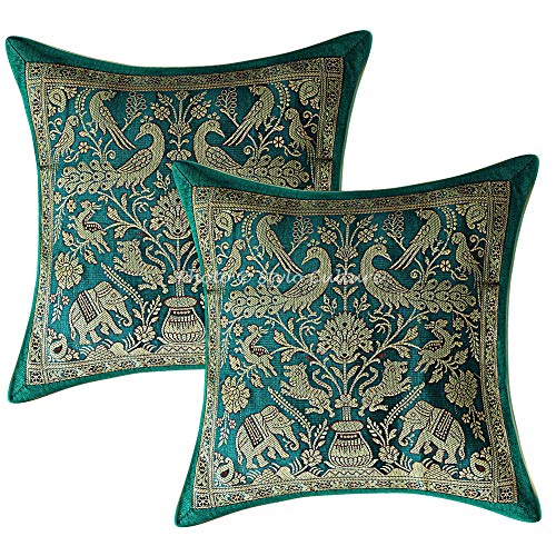 Stylo Culture Indio Brocado Almohadones para Sofa 30x30 cm 30x30 cm Verde Tradicional Étnico Brocado Jacquard Elefante 12 x 12Inch Pavo Real Cuadrado Fundas De Almohada Conjunto De 2