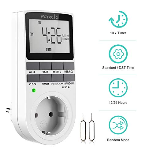 Temporizador Enchufe Digital Programable, Maxcio Programador Enchufe Semanal con Pantalla LCD Grande, Función de Horario de Verano y Aleatoria, Ahorrar Energía y Dinero, 16A / 3680W Máx. (1 Pack) Temporizador Enchufe Digital Programable, Maxcio Programador Enchufe Semanal con Pantalla LCD Grande, Función de Horario de Verano y Aleatoria, Ahorrar Energía y Dinero, 16A / 3680W Máx. (1 Pack)