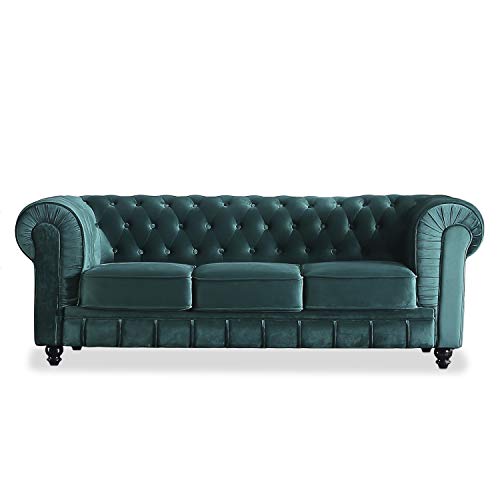 Adec - Chesterfield, Sofa de Tres plazas, Sillon Descanso 3 Personas Acabado en capitone Color Velvet Verde, Medidas: 211 cm (Ancho) x 84 cm (Fondo) 75 cm (Alto)