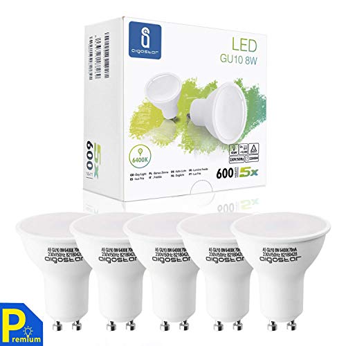 Aigostar -Bombilla LED 8W GU10, Luz blanca fría 6400K, 600lm, Esmerilada, no regulable - Caja de 5 unidades