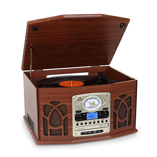 Auna NR-620 Tocadiscos - Reproductor de vinilos y CD - Accionamiento por Correa, Compatible MP3, Radio FM/Am, Altavoces estéreo 2x2W, Entrada USB/SD, Mando a Distancia, Imitación Madera - Café