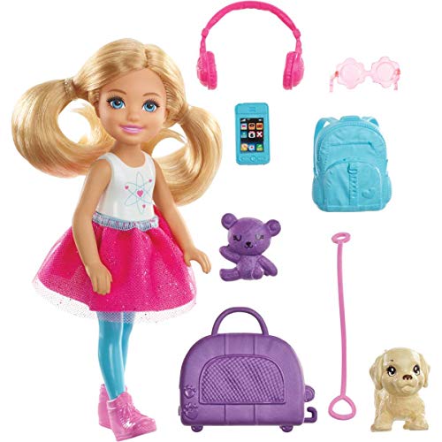 Barbie Chelsea Vamos de viaje con perrito, muñeca con accesorios, regalo para niñas y niños 3-9 años (Mattel FWV20)