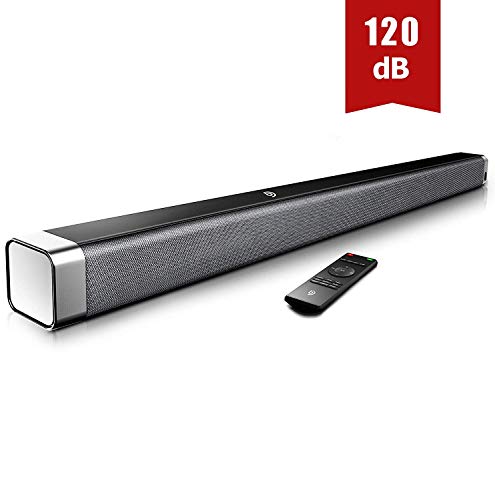 Barra de Sonido 2.0 Canales, Potencia 120dB, BOMAKER Tecnología DSP Subwoofer Incorporado + Bluetooth 5.0 para TV, Soporta Óptico, 3,5 mm Audio AUX, USB, para Cine en Casa, ODINE I, Negro-Gris