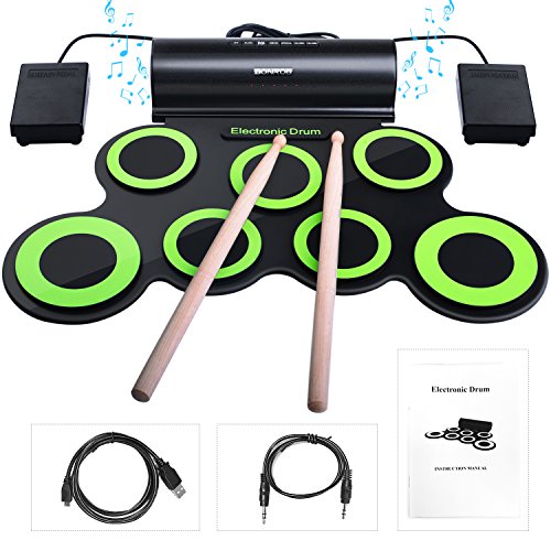 Batería Electrónica, Drum Set, bonrob Roll Up de batería Midi Drum Kit con auriculares y altavoces integrados Drum Pedals y baquetas, hasta 10St. Parte tiempo, regalo de Navidad para niños BM001