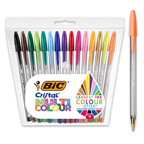 BIC Cristal Multicolour - Pack de 15 unidades, bolígrafos de punta ancha (1,6 mm), colores surtidos