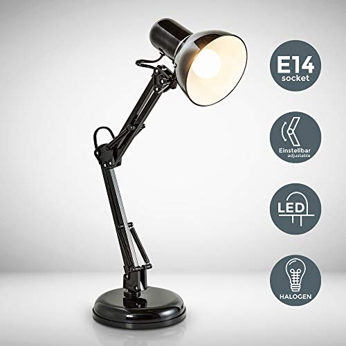 B.K.Licht - Lámpara de escritorio tipo arquitecto, flexo LED halógena, máximo 40W y 230V, con brazo articulado giratorio, diseño vintage retro, color negro