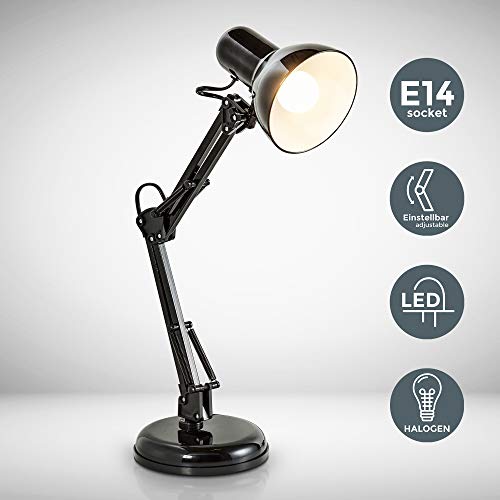 B.K.Licht - Lámpara de escritorio tipo arquitecto, flexo LED halógena, máximo 40W y 230V, con brazo articulado giratorio, diseño vintage retro, color negro B.K.Licht - Lámpara de escritorio tipo arquitecto, flexo LED halógena, máximo 40W y 230V, con brazo articulado giratorio, diseño vintage retro, color negro