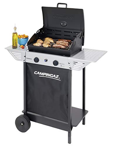 Campingaz Xpert 100 L Plus Rocky Barbacoa Gas para Piedra Volcanica, BBQ gas con 2 quemadores, 7.1kW de potencia, 2 Parrillas de acero cromado, 2 mesas laterales y rocas de lava