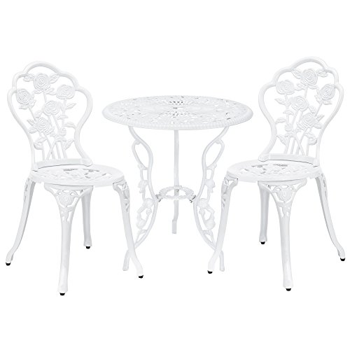 [casa.pro] Set bistro hierro fundido mesa + 2 sillas blanco look antiguo muebles para jardín, terraza, balcón