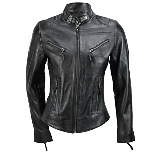 Cazadora vintage de estilo motero para mujer, piel auténtica de color marrón. Tallas de la S a la 5XL Negro Negro ( M Cazadora vintage de estilo motero para mujer, piel auténtica de color marrón. Tallas de la S a la 5XL Negro Negro ( M