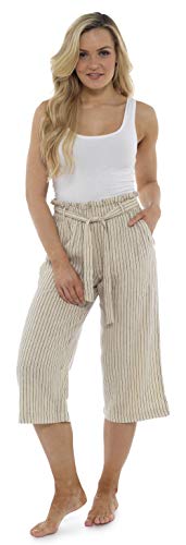 CityComfort Pantalones de Lino para el Verano, 3/4 de Longitud | Pantalón de Traje de Fiesta para Mujeres | Cintura Alta a la Moda con Lazo y Pliegues | Tamaños Variados (38, Raya Beige)