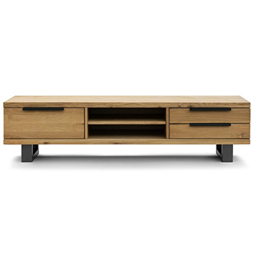 COMIFORT Mueble de TV - Mesa de Roble Macizo para Salón Moderno, Estilo Nórdico, con 3 Cajones y 2 Estantes, Patas de Acero con Acabado Negro, Color Ahumado