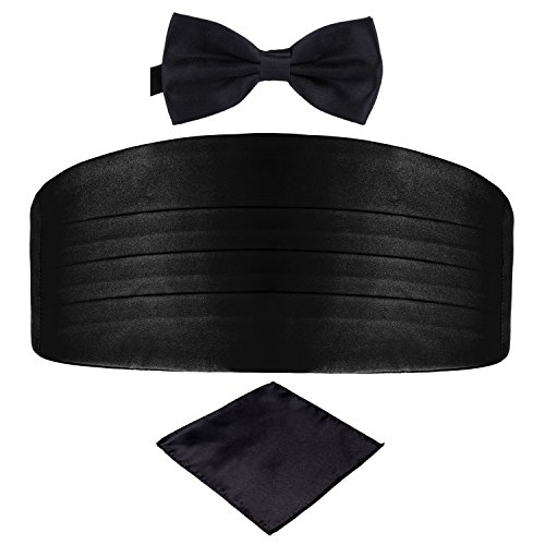 DonDon Set de tres piezas Caballero Faja de esmoquin Pajarita Pañuelo de bolsillo Color a juego Espléndido para ceremonias y ocasiones especiales - Negro