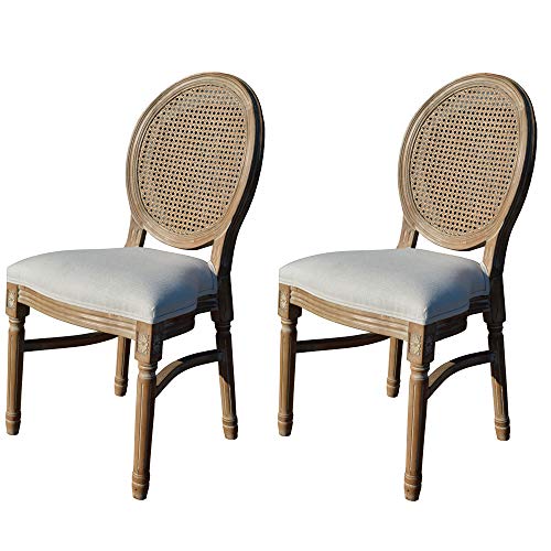 EME Mobiliario Silla Medallón Estilo Luis XVI de Madera de Abedul Macizo Envejecido. Contiene Dos Unidades de sillas. Respaldo de Rejilla de ratán Natural. Asiento Acolchado de Lino Beige. Apilable.