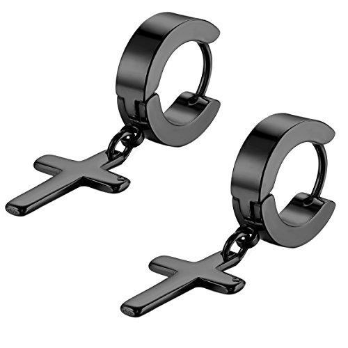 Flongo mujer pendientes hombre estilo de moda en forma de cruz de acero negro, Regalo para San Valentín/Navidad Flongo mujer pendientes hombre estilo de moda en forma de cruz de acero negro, Regalo para San Valentín/Navidad