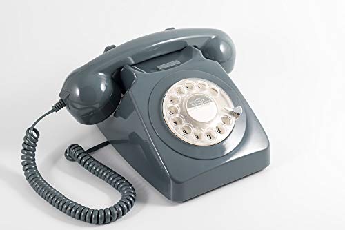 GPO 746 Teléfono fijo de disco con estilo retro de los años 70 - Cable en espiral, Timbre auténtico - Gris