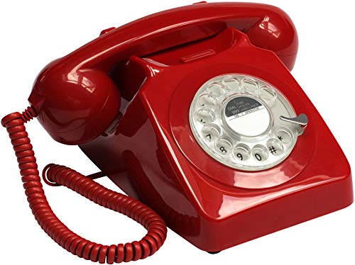 GPO 746 Teléfono fijo de disco con estilo retro de los años 70 - Cable en espiral, Timbre tradicional auténtico - Rojo
