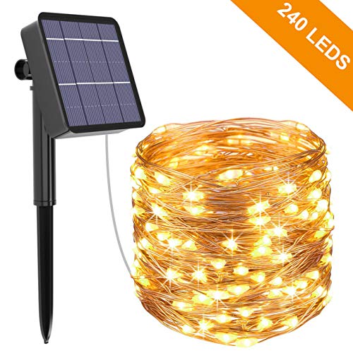 Guirnalda Luces Exterior Solar, Kolpop Cadena de Luces 26 Metros 240 LED Blanco Cálido, 8 Modos de Luz, Decoración para Navidad, Fiestas, Bodas, Patio, Dormitorio Jardines, Festivales, etc