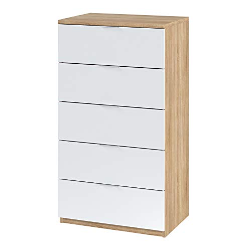 Habitdesign 017845F Cómoda 5 cajones, chifonier Modelo Alaya, Acabado en Color Roble Canadian y Blanco Artik, 60 cm (Ancho) x 110 cm (Alto) x 40 cm (Fondo) Habitdesign 017845F Cómoda 5 cajones, chifonier Modelo Alaya, Acabado en Color Roble Canadian y Blanco Artik, 60 cm (Ancho) x 110 cm (Alto) x 40 cm (Fondo)