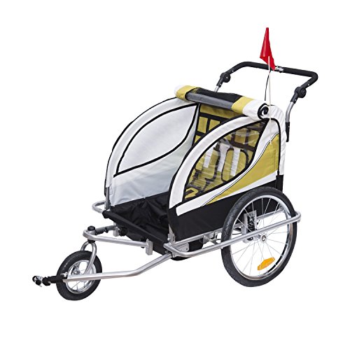 HOMCOM Remolque para Bicicleta tipo Carro con Barra de Paseo para Niños de 2 Plazas con Rueda Delantera Giratoria 360° y Asiento Acolchado Carga Máx. 40kg (Amarillo)