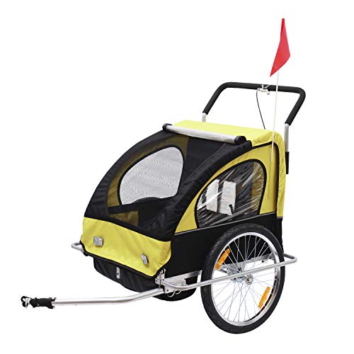 HOMCOM Remolque para Niños DOS PLAZAS con Amortiguadores Carro para Bicicleta CON BARRA INCLUIDA y Kit de Footing COLOR AMARILLO Y NEGRO HOMCOM Remolque para Niños DOS PLAZAS con Amortiguadores Carro para Bicicleta CON BARRA INCLUIDA y Kit de Footing COLOR AMARILLO Y NEGRO