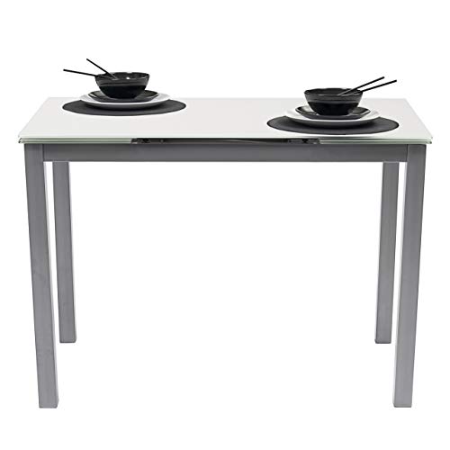 Homely Mesa de Cocina Extensible Paris sobre de Cristal Blanco y Estructura en Metal Gris 110/170x70cm (Blanco/Gris)