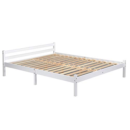 Homy Casa Estructura de la cama de pino macizo natural, resistente, color blanco, color transparente, blanco DOUBLE BED FRAME