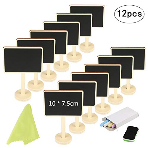 KAKOO 12pcs Pizarra pequeña Vertical Nombre de Mini Pizarra de Madera con Tiza y borrar para mostrador de Precio, candybar de Mesa de Boda, Planta de Nombre