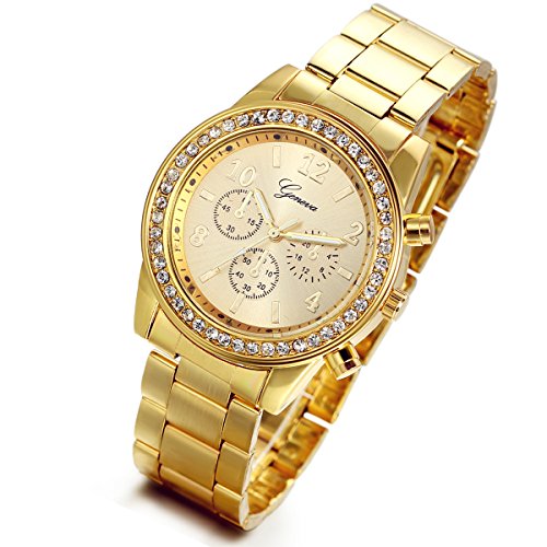 Lancardo Reloj Analógico Lujoso con Bisel de Diamantes Artificiales Brillantes Pulsera Electrónico Comercial de Cuarzo Original con Correa de Acero Inoxidable para Hombre/Mujer/Pareja (Oro)